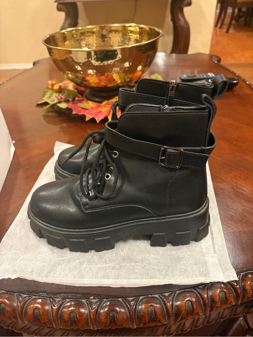 Black Lace-Up Combat Boots with Buckle
